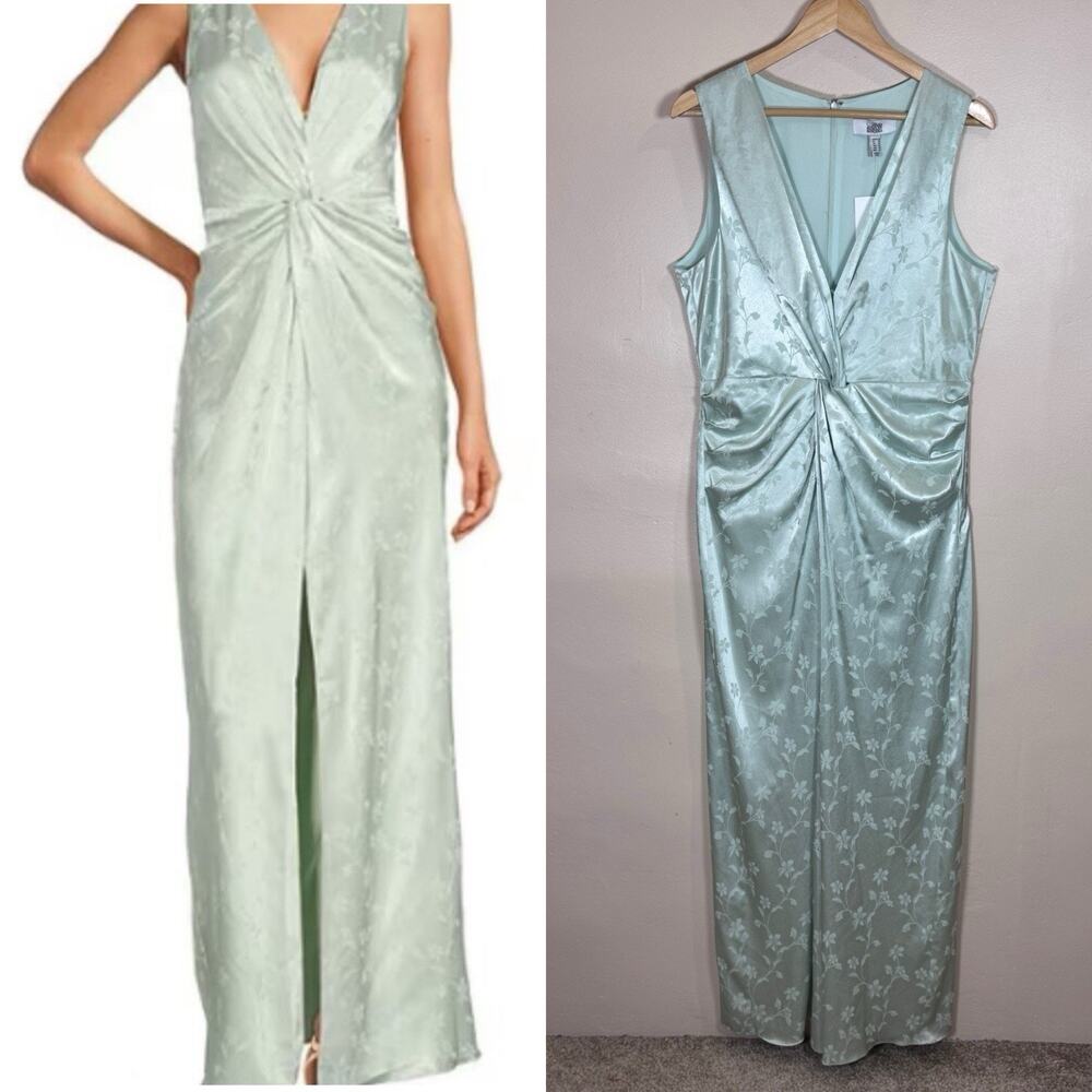NWT Belle Badgley Mischka Formal Maxi Dress Satin V Neck Slit Romantic Size 14